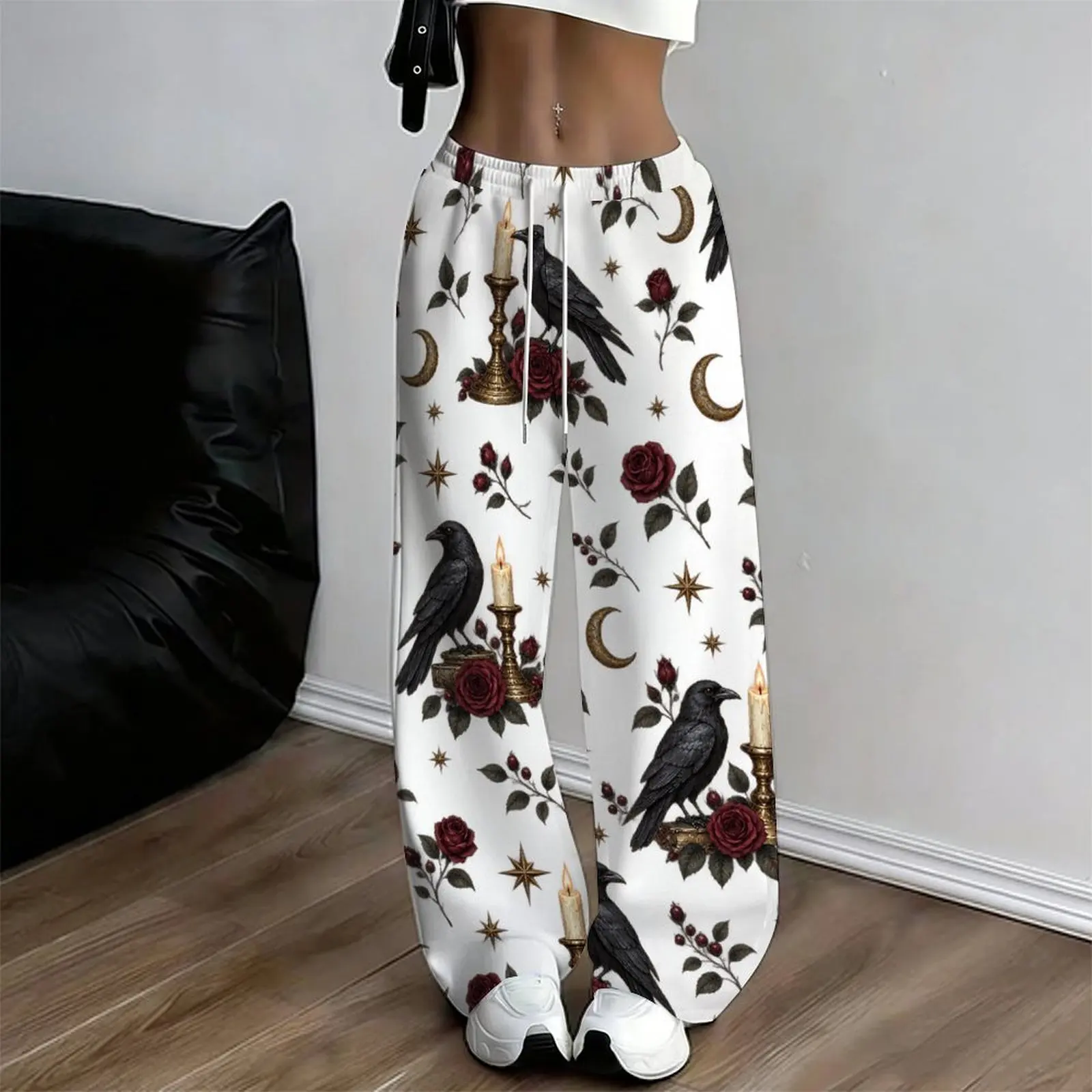 Women Loose Straight Leg Full Length Printed Pants White Base with Raven Rose Moon Star Candle Pattern