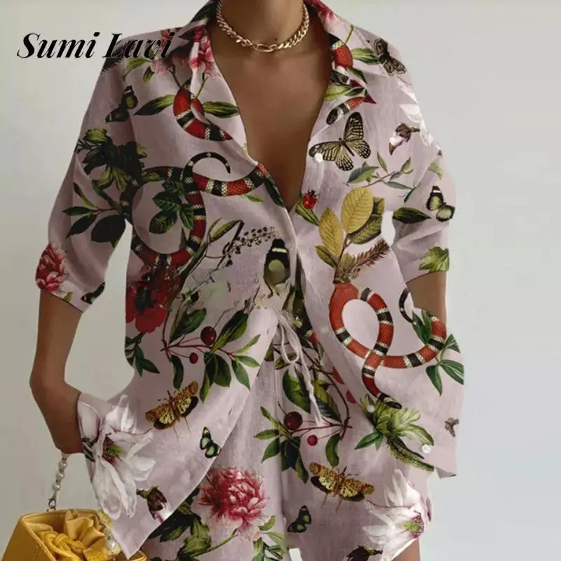 

Summer Elegant Loose Party Outfits Fashion Pattern Print Holiday Short Suit Casual Half Sleeve Lapel Button Top & Short Pant Set