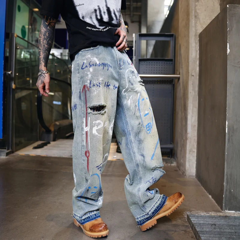 

1360 New style high street trend American hole graffiti fashion brand loose straight all-matching men's super cool jeans pants