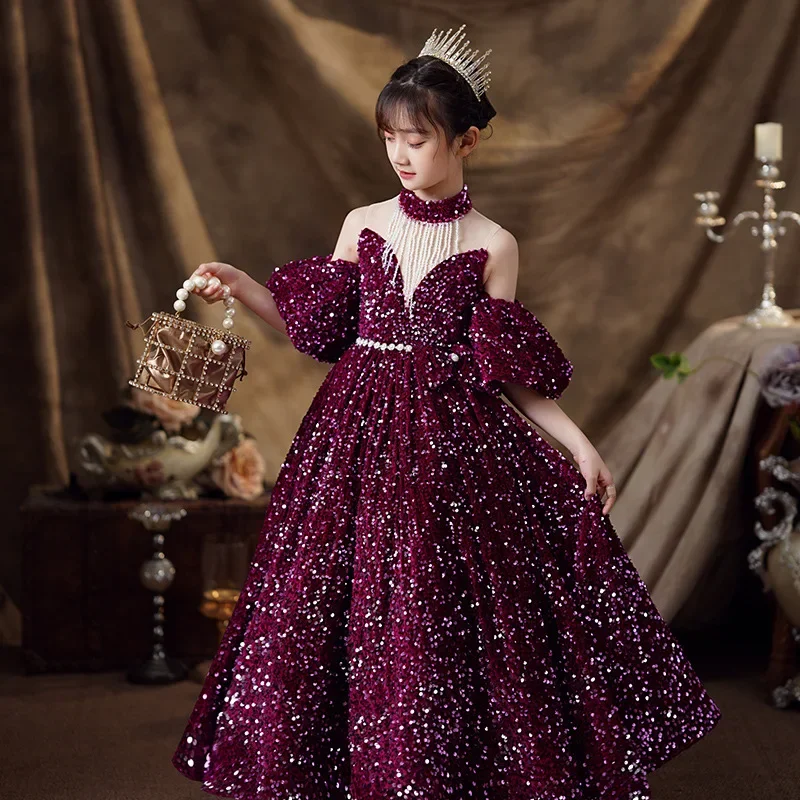 

Children's dress 2024 new sequin princess dress fashion catwalk Pompadour piano playing children's costume spring summer