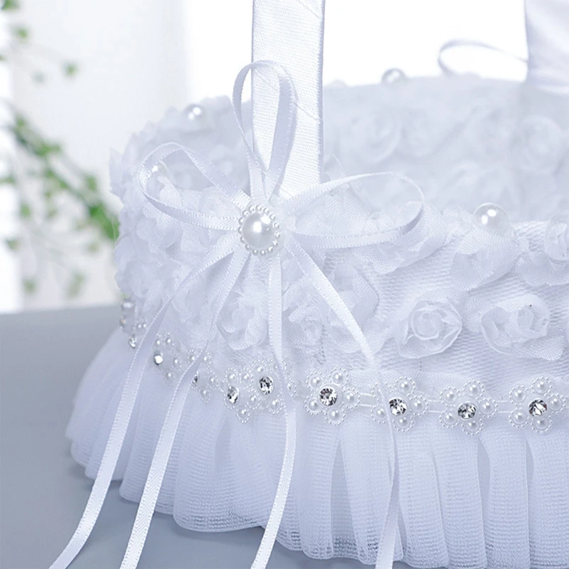 Wedding Flower Girl Baskets Elegant White Small Piece Round or Heart Shaped Flower Basket Lace Faux Flowers Decor