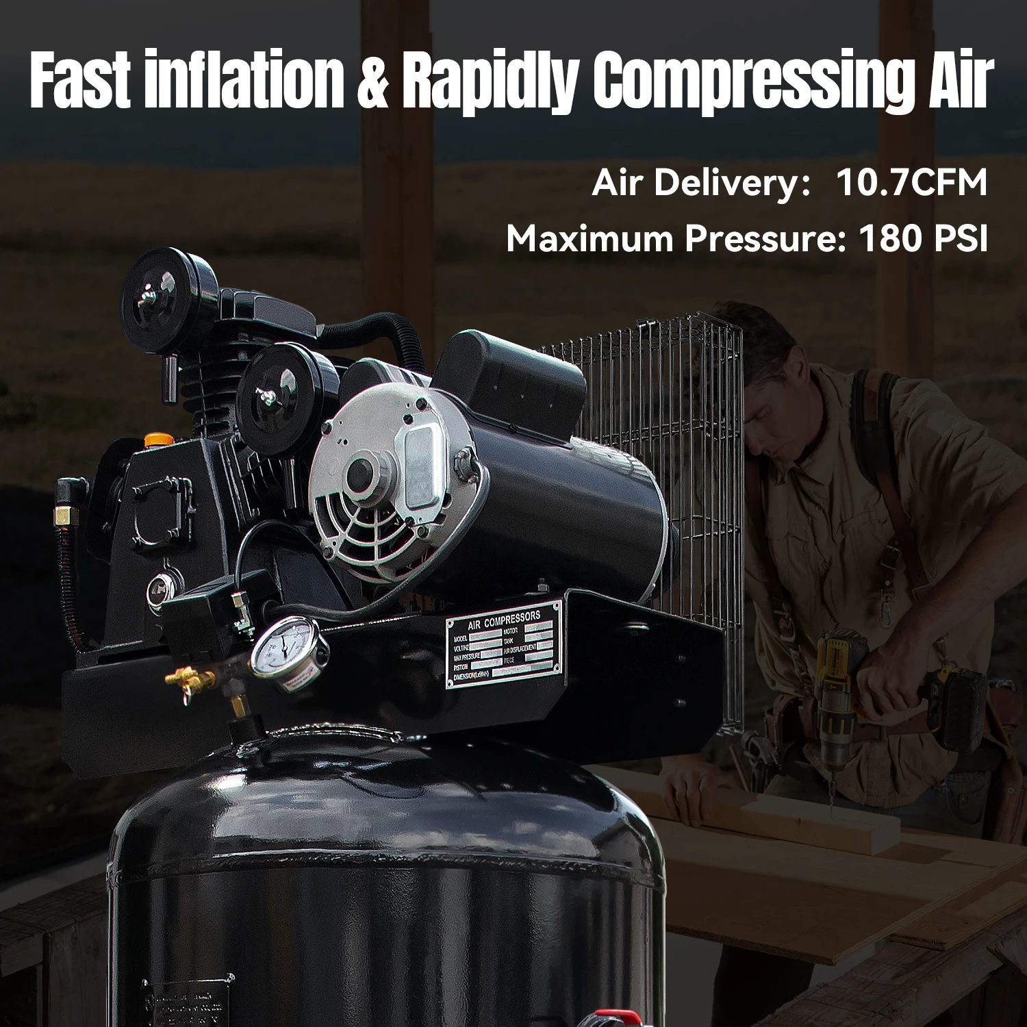 HPDMC 5.5HP / 3.7KW Air Compressor 60 Gallon Vertical ASME Tank 10CFM, 180PSI 220V 1 Phase