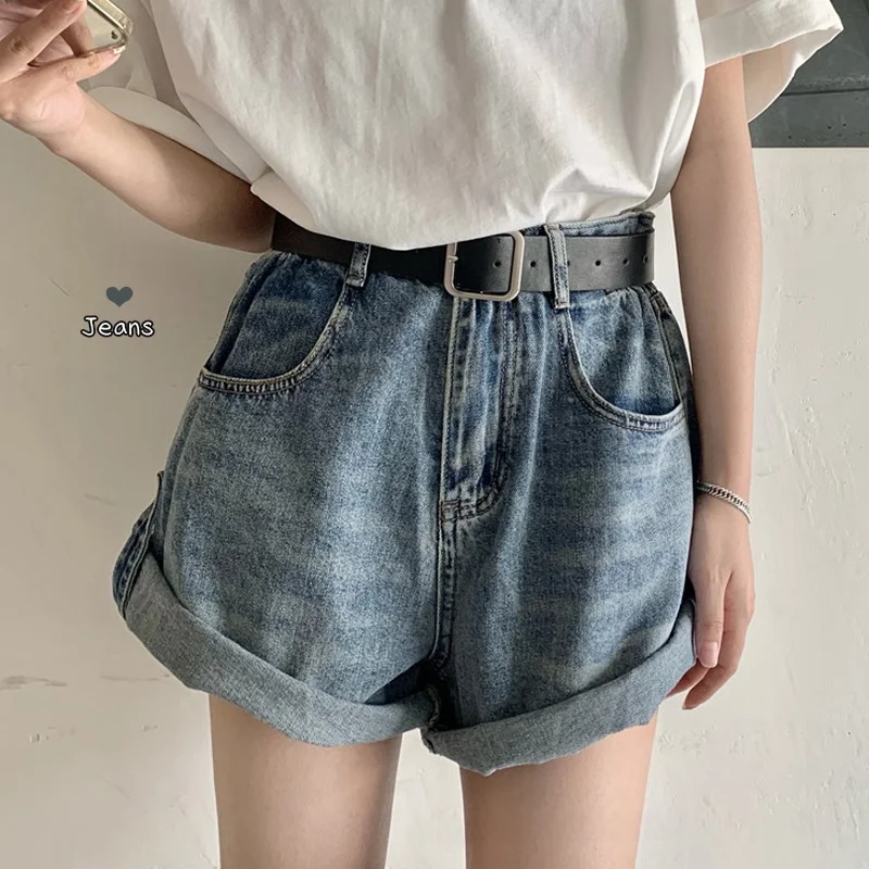 Retro Cuffed Button Denim Shorts Women's High Waist Straight Leg A-Line Hot Pants Summer plus Size Slimming Wide Leg Jeans