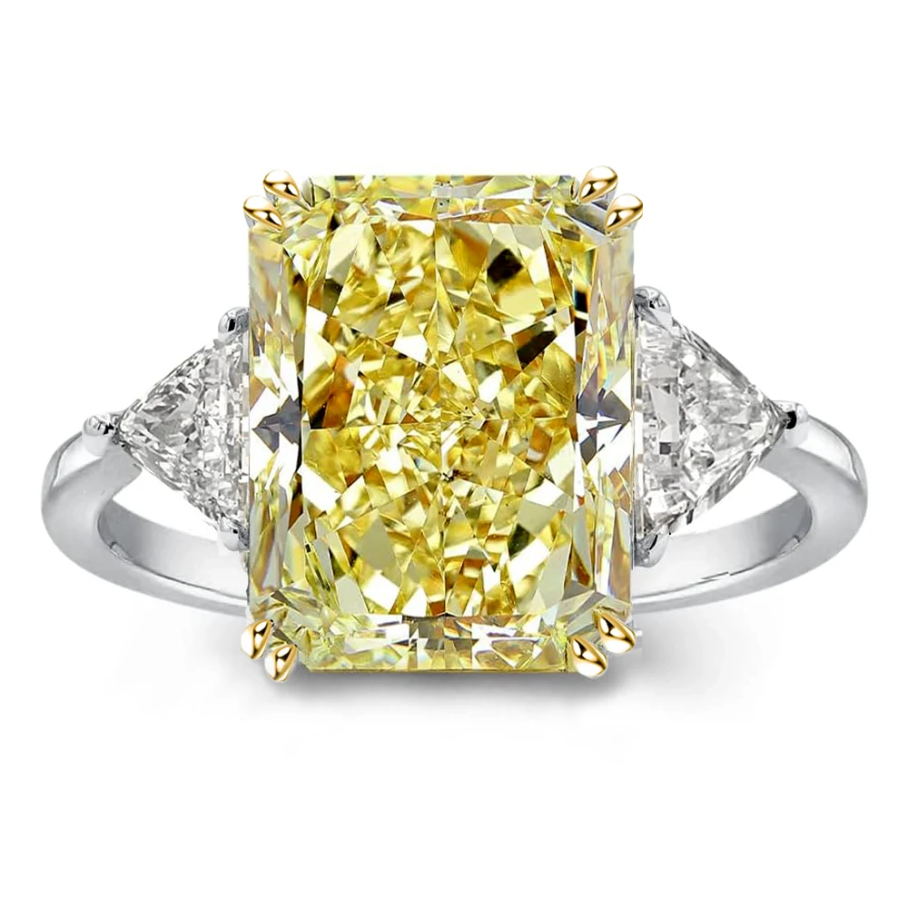 Luxury 10x14MM Rectangular Yellow High Carbon Diamond Ring Women 10ct Ice Cut Ring Wedding Jewelry 100% S925 Silver Gold-Plated
