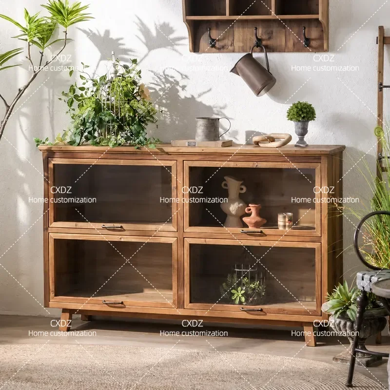 Wabi Sandy Wind Solid Wood Side Cabinet Integrated Wall Mounted Locker Retro Home Glass Door Display Cabinet Medieval