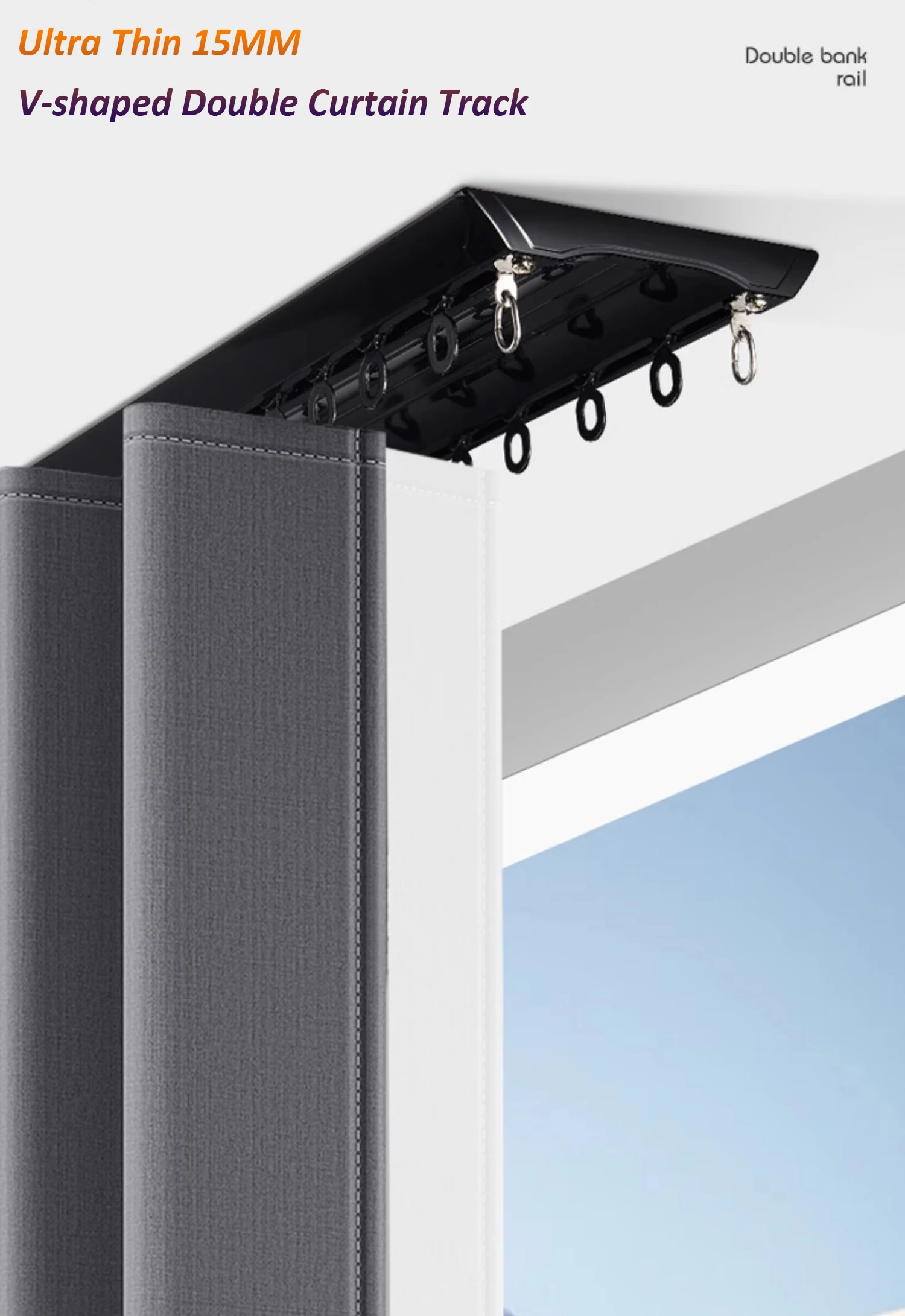 Ultra Thin V-Shaped Black Double Curtain Track Aluminum Alloy Silent Slide Rail Ceiling Mounted 4 Wheels Pulleys for Bay Window