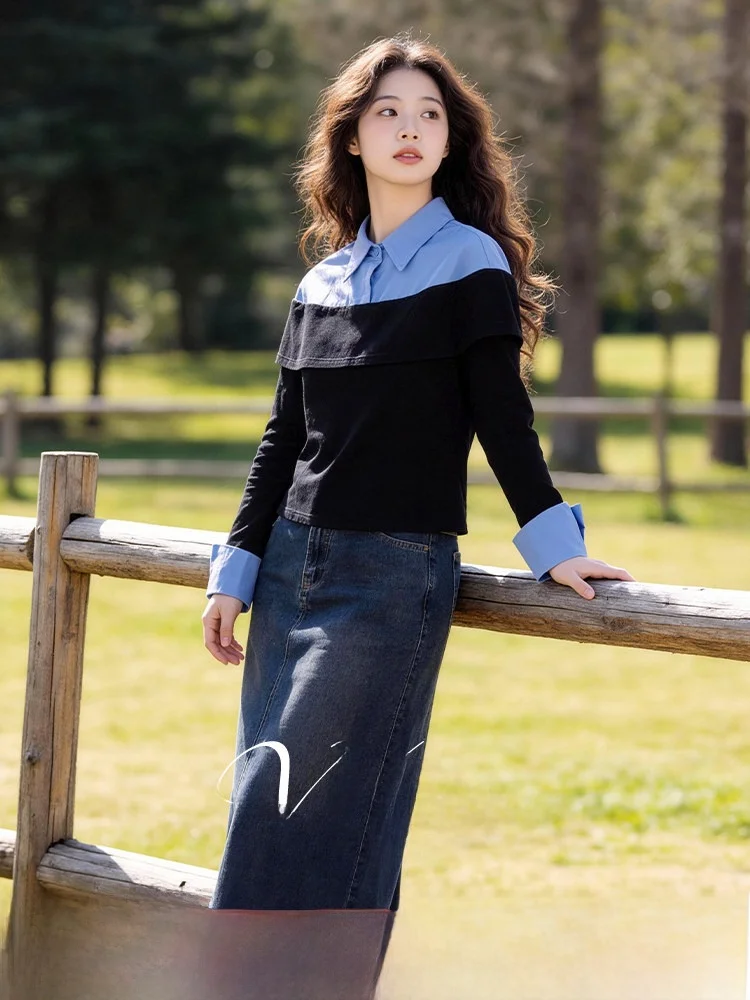 

plus Size Slimming Women's Faion Set Spring 2026 Design Sense Splicing Top Denim f Skirt High Waist A-Line Skirt