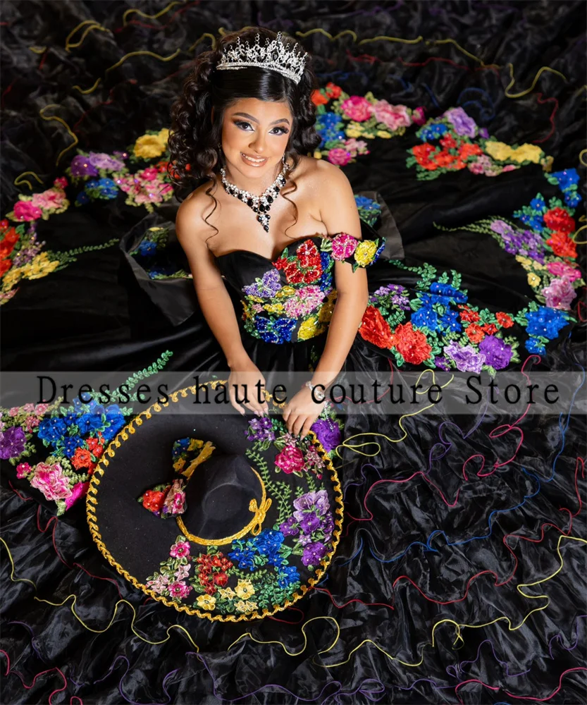 Mexico Black Tulle Quinceanera Dresses 2024 Sweet 16 Dress Flowers Embroidery  Sweet 16 Birthday Party Dress Vestidos De 15 Años