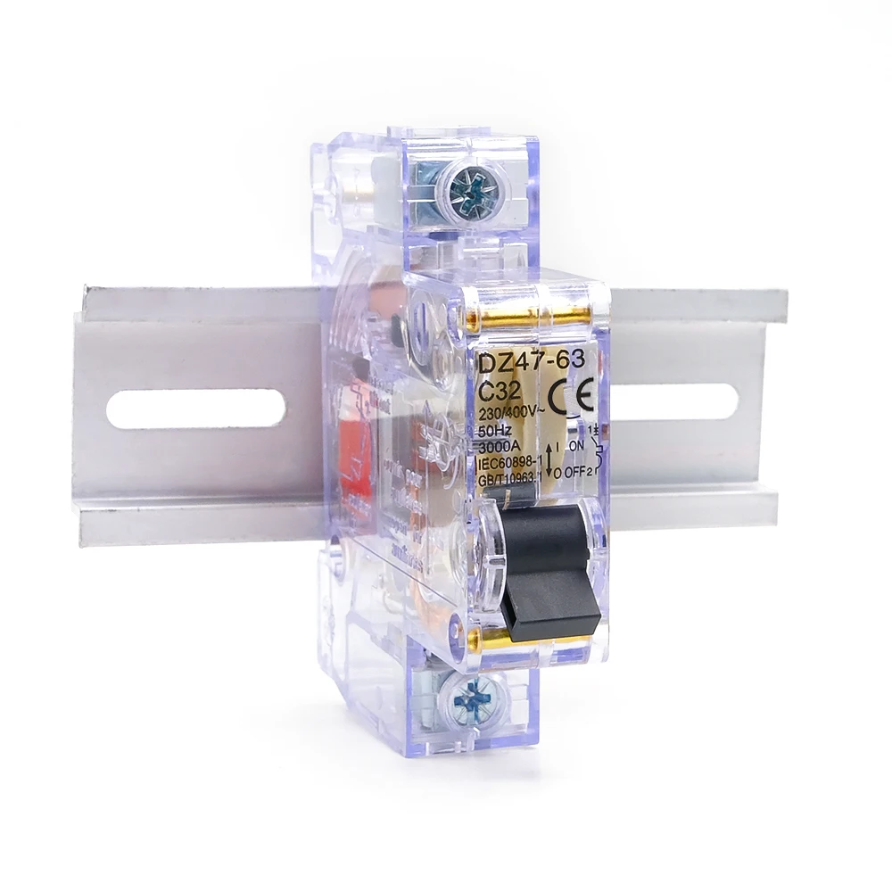 Disjoncteur miniature transparent à montage sur rail Din 1P 16-63A, DZ47-63 pour la sécurité électrique domestique/industrielle (AC230V/400V)