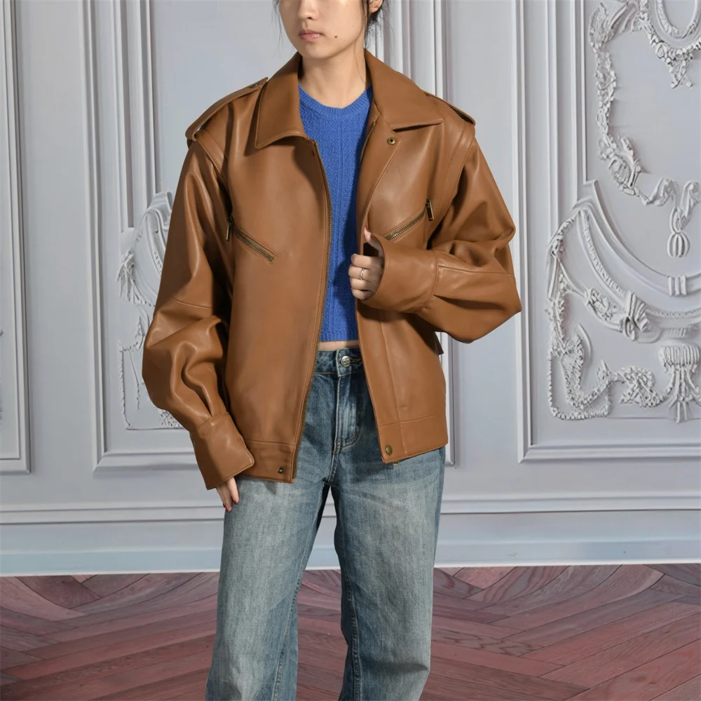 Jxwatcher Damen-Schaffelljacke, abnehmbare Ärmel, echter Ledermantel, Damen-Herbst-Vintage-Lederjacken, 2022, Neuankömmling