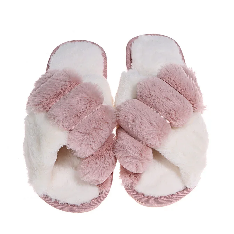 2022 New Women Slippers Winter House Furry Slippers Fluffy Faux Fur Indoor Home Cotton Slippers Floor Shoes Ladies Flip Flops