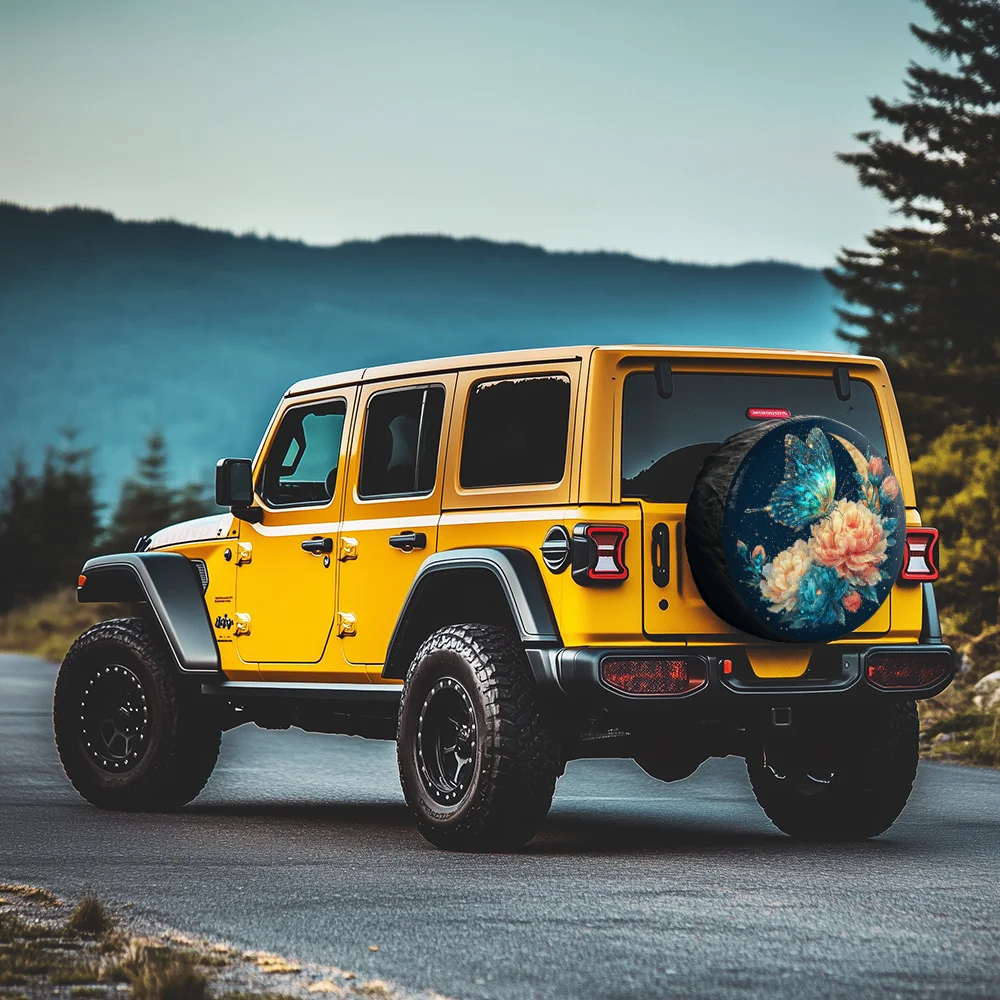 夜の蝶と咲く花のタイヤカバー、豪華で神秘的なスタイル、ビジネス車両や高級車に最適