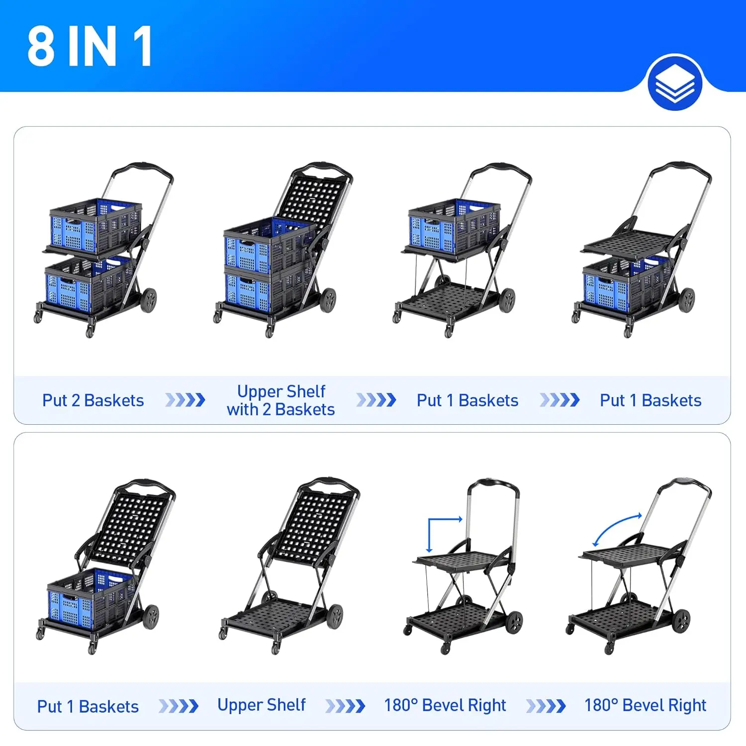 Folding Shopping Cart, Collapsible Shopping Cart with Wheels, Adjustable Foldable Portable Trolley, Grocery Shopping Cart with 2