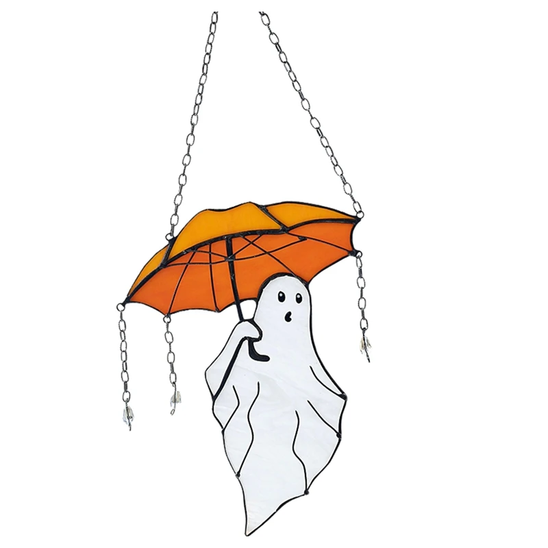 SEWS-Funny Halloween Ghost With Umbrella Stained Suncather Halloween Decor, Wall Sun Catcher