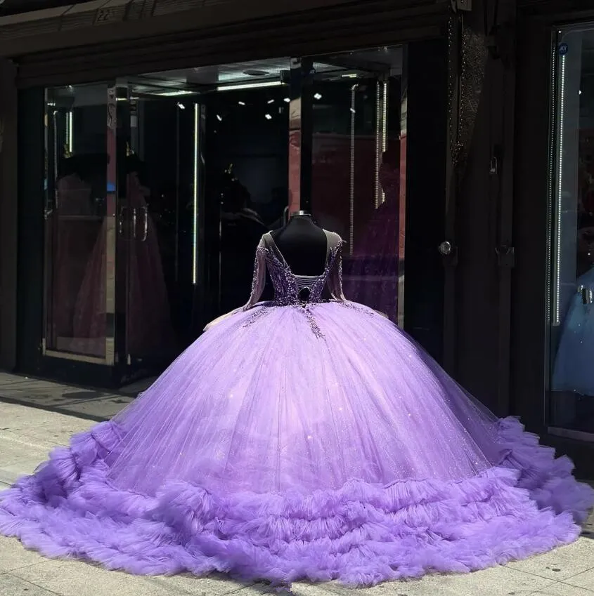 Lila lavanda princesa vestidos de quinceañera con manga larga volantes de diamantes CloundTrain vestido 15 años quinceañera personalizado