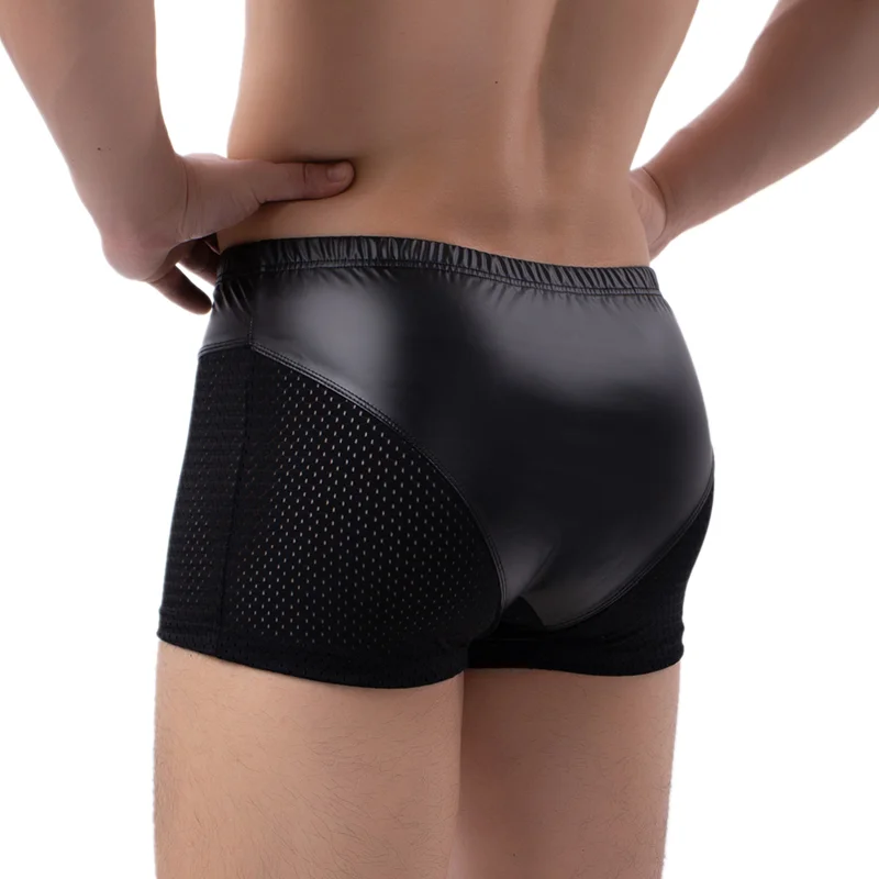 Men Underwear Boxer Short Homme Black Faux Leather Mesh Panties Man Breathable U Convex Pouch Underpants Cueca Calzoncillo