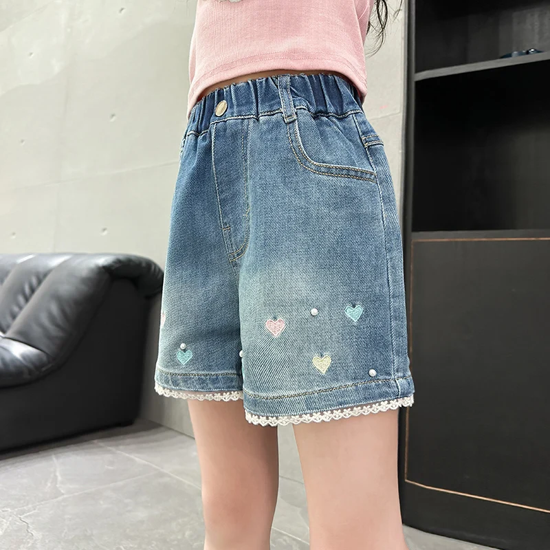 Elegant Child Summer Heart Embroidery Denim Shorts with Lace Trim for Tween Girl Mini Jeans Kids Teenager Above Knee Short Pants