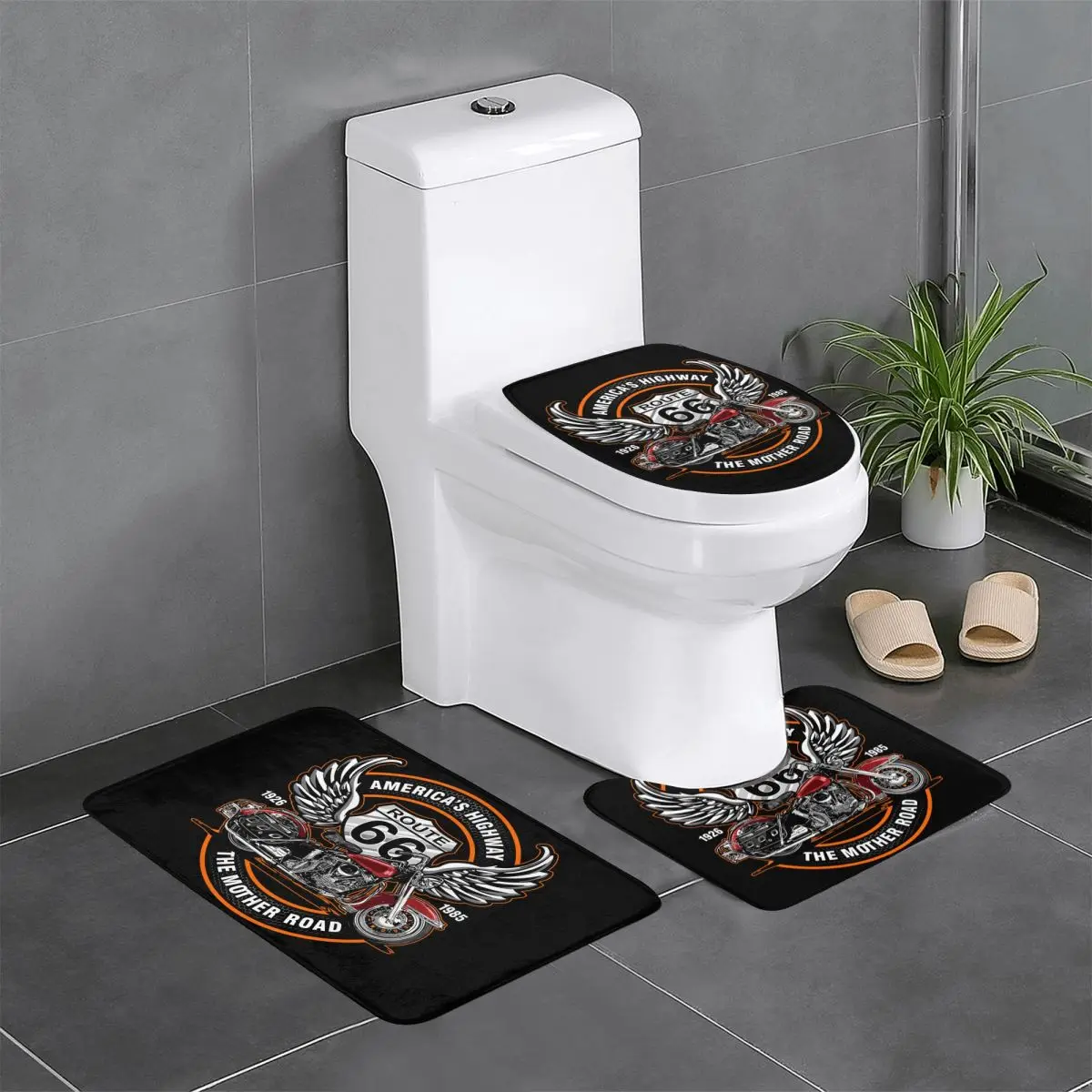 Custom Route 66 Biker Club 3 Pieces Bathroom Rugs Set Non Slip USA Highway Toilet Bath Mat Sets