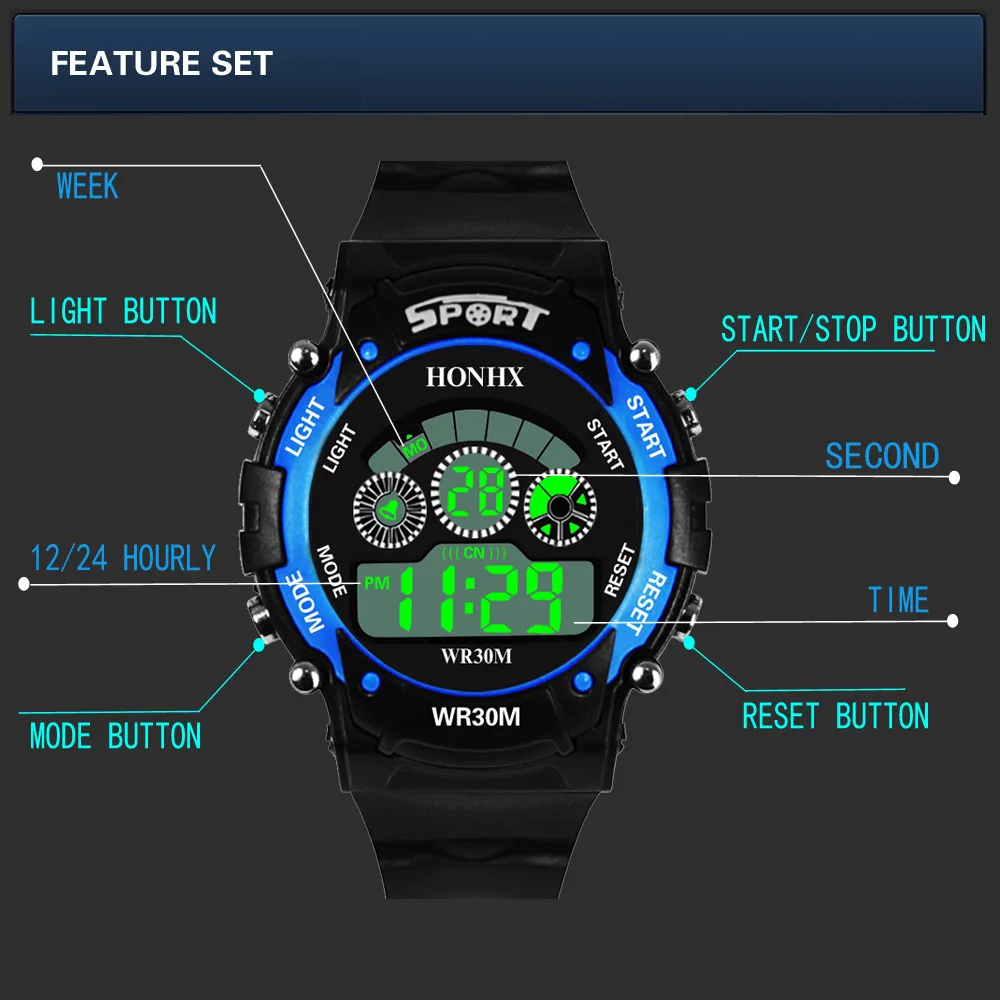 Детские водонепроницаемые цифровые спортивные часы, светящиеся светодиодные электронные часы для мальчиков и девочек, камуфляжные многофункциональные наручные часы