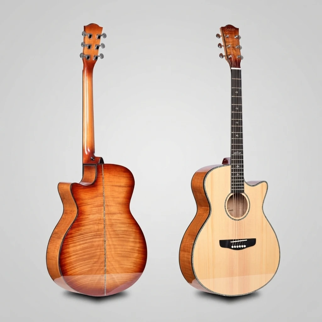 Acoustic Guitar 6 String Cutaway Flame Grain Body Chrome Tuners Cross Inlay Bridge White Pins Glossy Finish With Slim Neck
