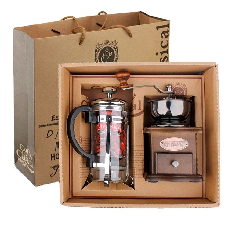 

YYHC-Coffee Tool Gift Set French Press Maker and Wood Manual Coffee Bean Grinder Gift Box