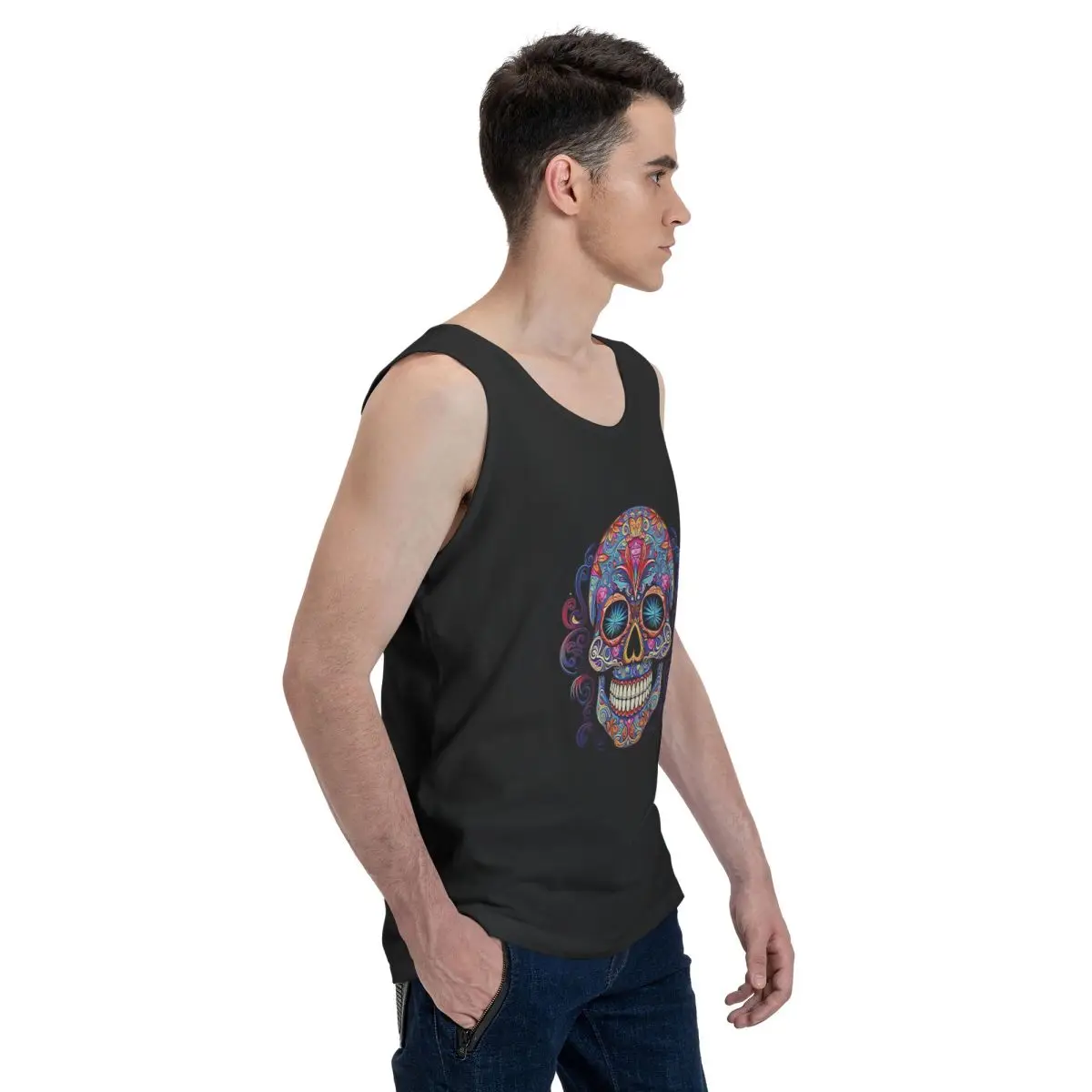 Mexican Sugar Skull Day Of The Dead Sugar Skull 100% Cotton Men's Sweatshirt Vest Sleeveless Clothing Tees Men Tank Tops T-shirt