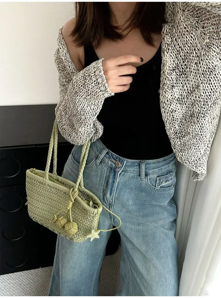 

French Vintage Woven Basket Bag Women's Underarm Leather Premium Summer Resort Style Ins Trendy Shoulder Bag