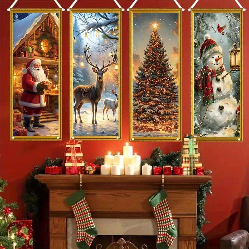 VIKAMA Christmas Tapestry Santa Cabin Deer Christmas Tree Snowman Wall Hanging Living Room Fireplace Decor Xmas Wall Art Gift