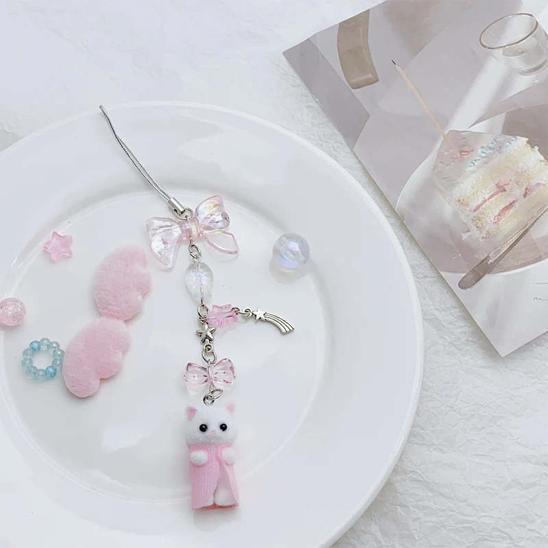 Little Cat Phone Charm Bow Keychain Pendant Key Chain Bag Phone Chain Cute Accessory For Girls Women Jewelry