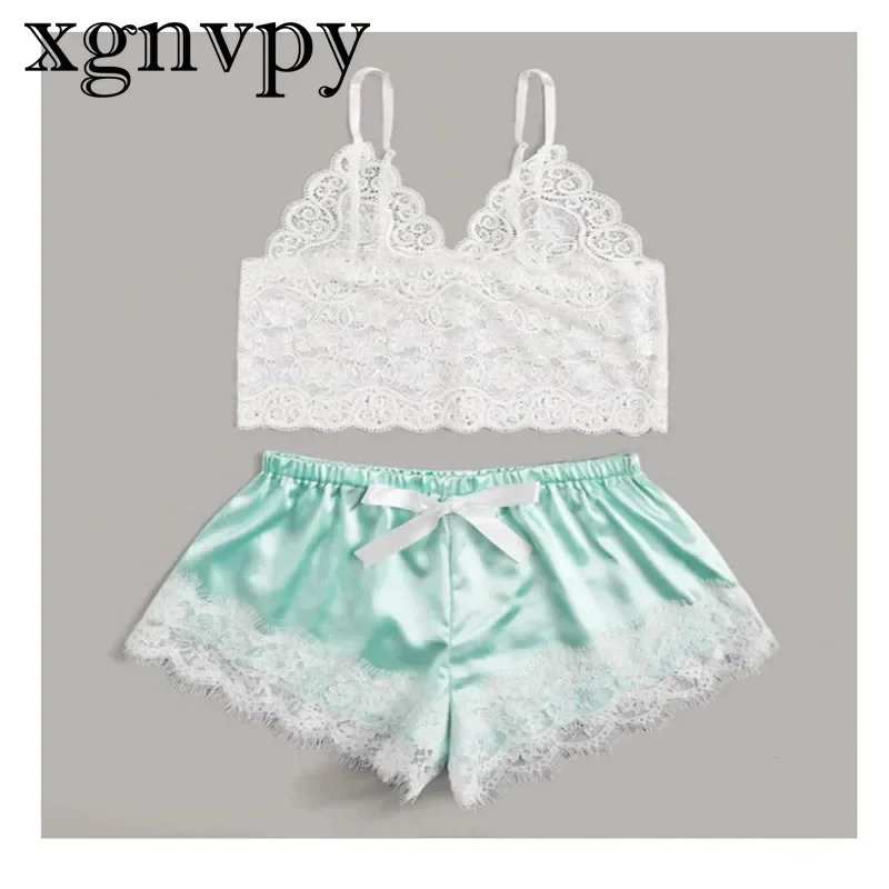 xgnvpy New European and American Imitation Silk Halter Home Dress Shorts Two-piece Fashion Comfortable Lace Lace Pajamas Set