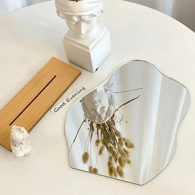 Decorative Mirror, Acrylic Wooden Base, Minimalist Irregular Makeup Mirror, Bedroom Vanity Mirror, Beauty Cosmetics