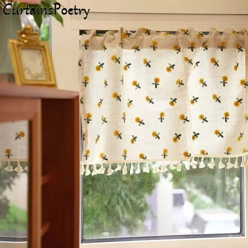 

Floral Embroidery Short Curtains Farmhouse Style Valance with Tassels Sun Flower Window Sheer Curtains for Bedroom Kitchen Decor