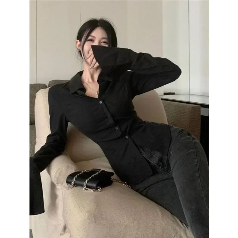 

Deeptown Korean Fashion Women's Shirt Elegant Long Sleeve Black Gyaru Sexy Blouses Chic Vintage Top Female Office Lady Autumn
