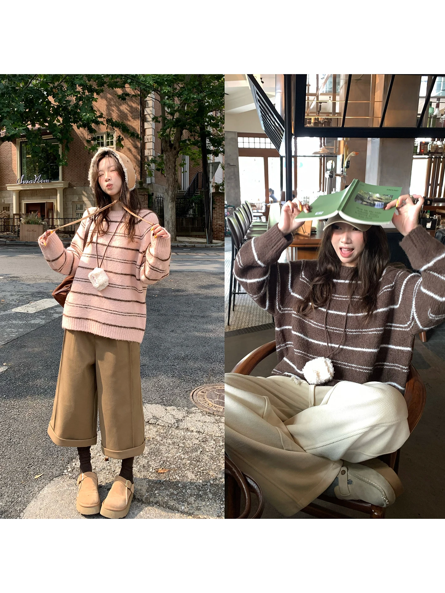 

Женский вязаный свитер Huanghuangjia с круглым вырезом и полосками, осенняя новинка, повседневный, удобный, свободного кроя, с длинными рукавами