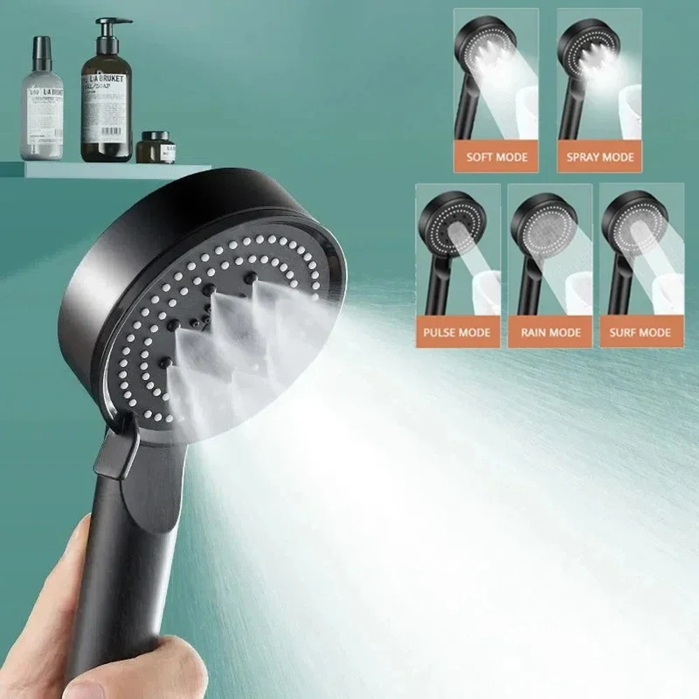 High Pressure Enhanced Black Hand Shower Head 5 Modes Adjustable Hangable Water-saving High Quality Sprayer Bathroom Accessories