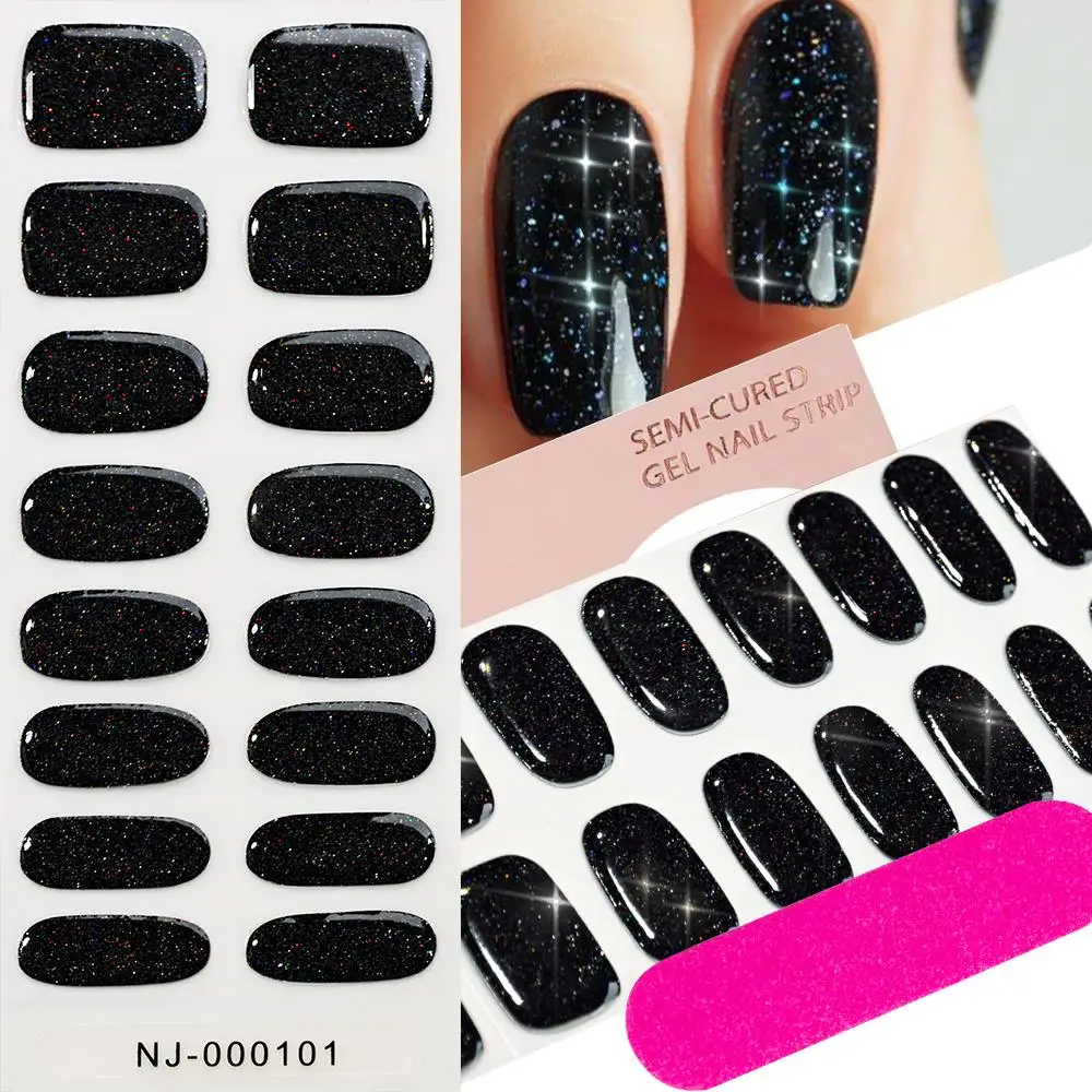 16 Tips Black Glitter Semi-Cured Gel Nail Stickers +1Pcs Nail File Full Cover Self-Adhesive Nail Strips UV/LED Nail Polish Wraps