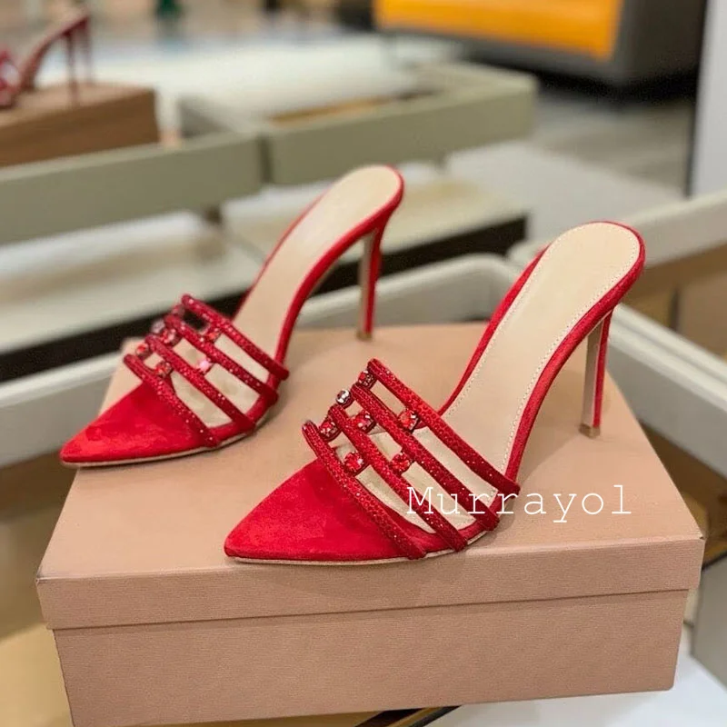 Slippers Thin High Heels Women Pointed Toe Sandalias Mujer Bling Rhinestone Decor Sandals Summer Fashion Party Banquet Shoes