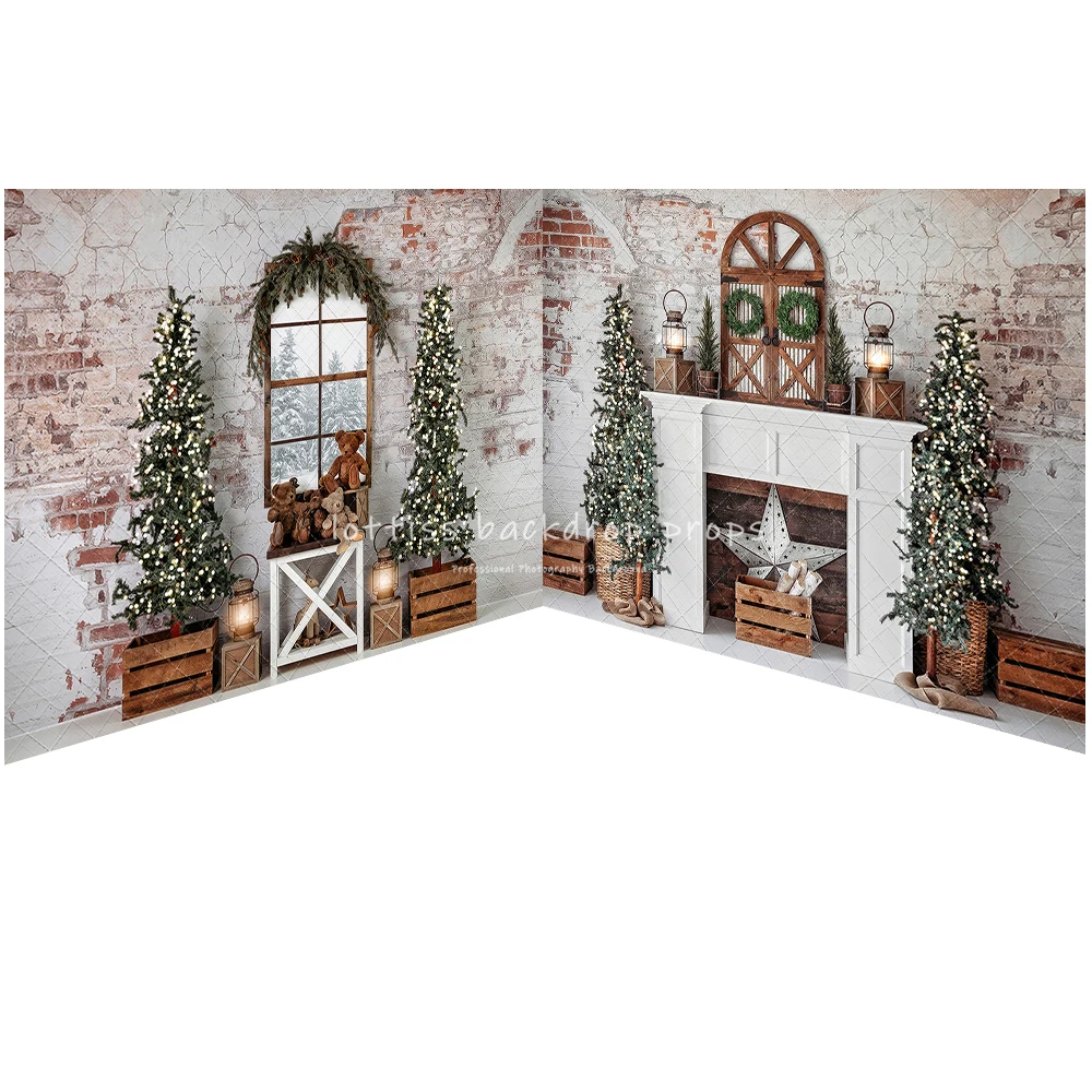 Brick Wall Windows Xmas Trees Backdrops Kids Family Photography Child Adult Photocall Decors Christmas Room Backgrounds