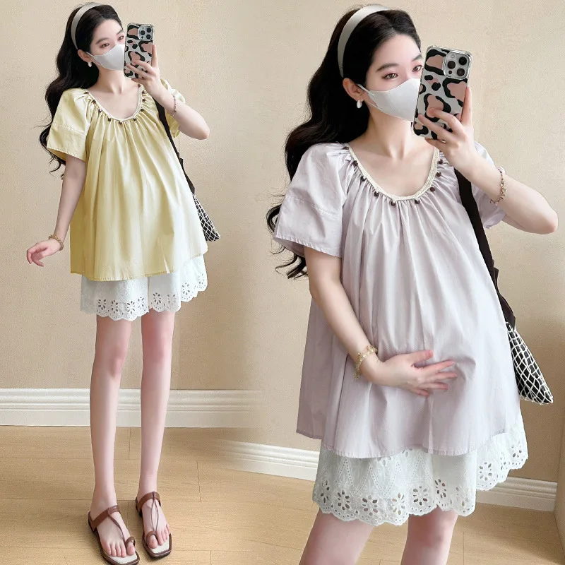 2025 Summer Maternity Set: Chic Blouse+ Shorts - Youthful Two-Piece Pregnancy Outfit with Babydoll Silhouette for Expecting Moms - Image 3