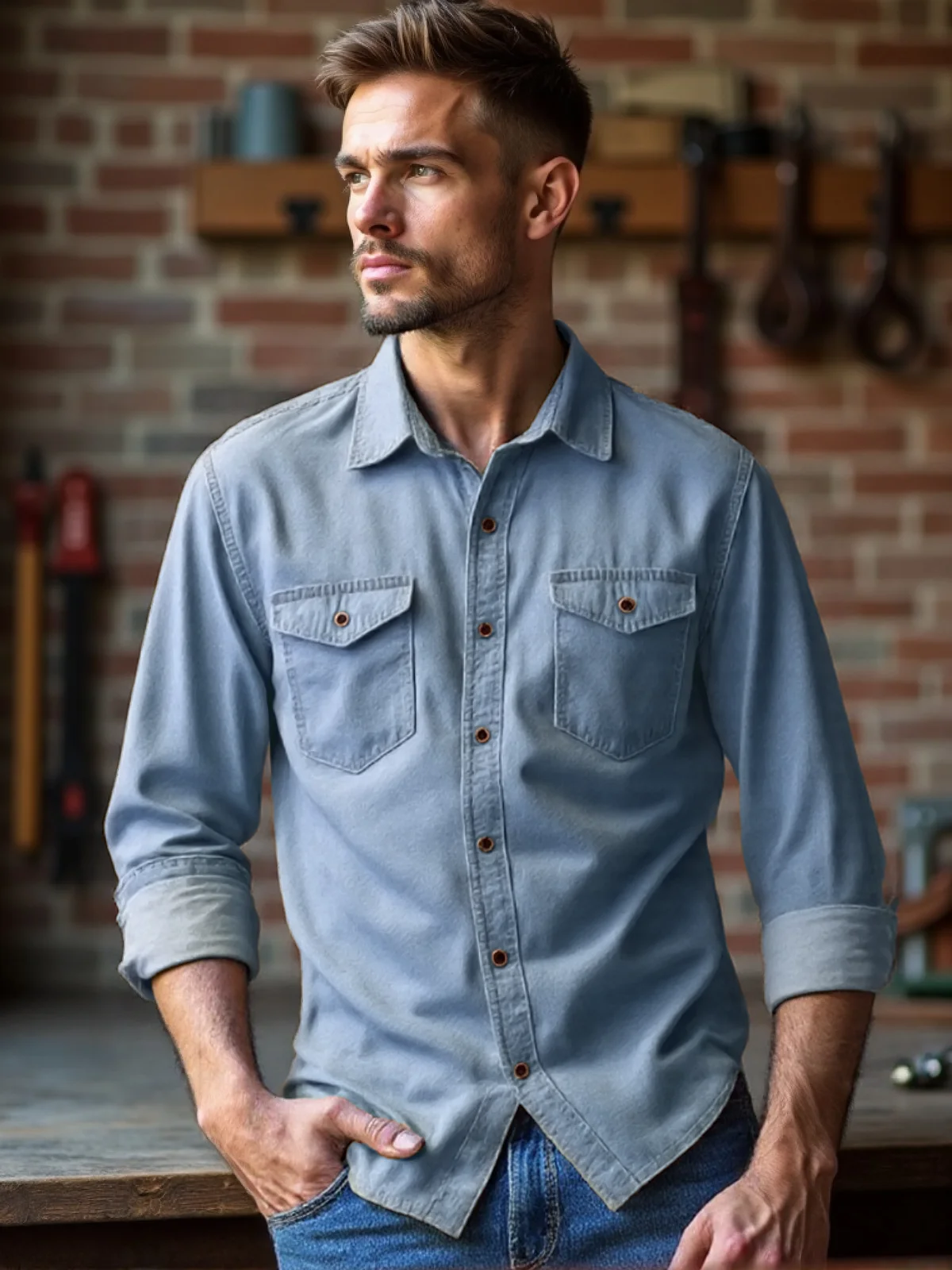 

Spring Autumn Men's Shirt Faux Denim Lightweight Breathable Shirt Long Sleeve Solid Thin Casual Men's Tops