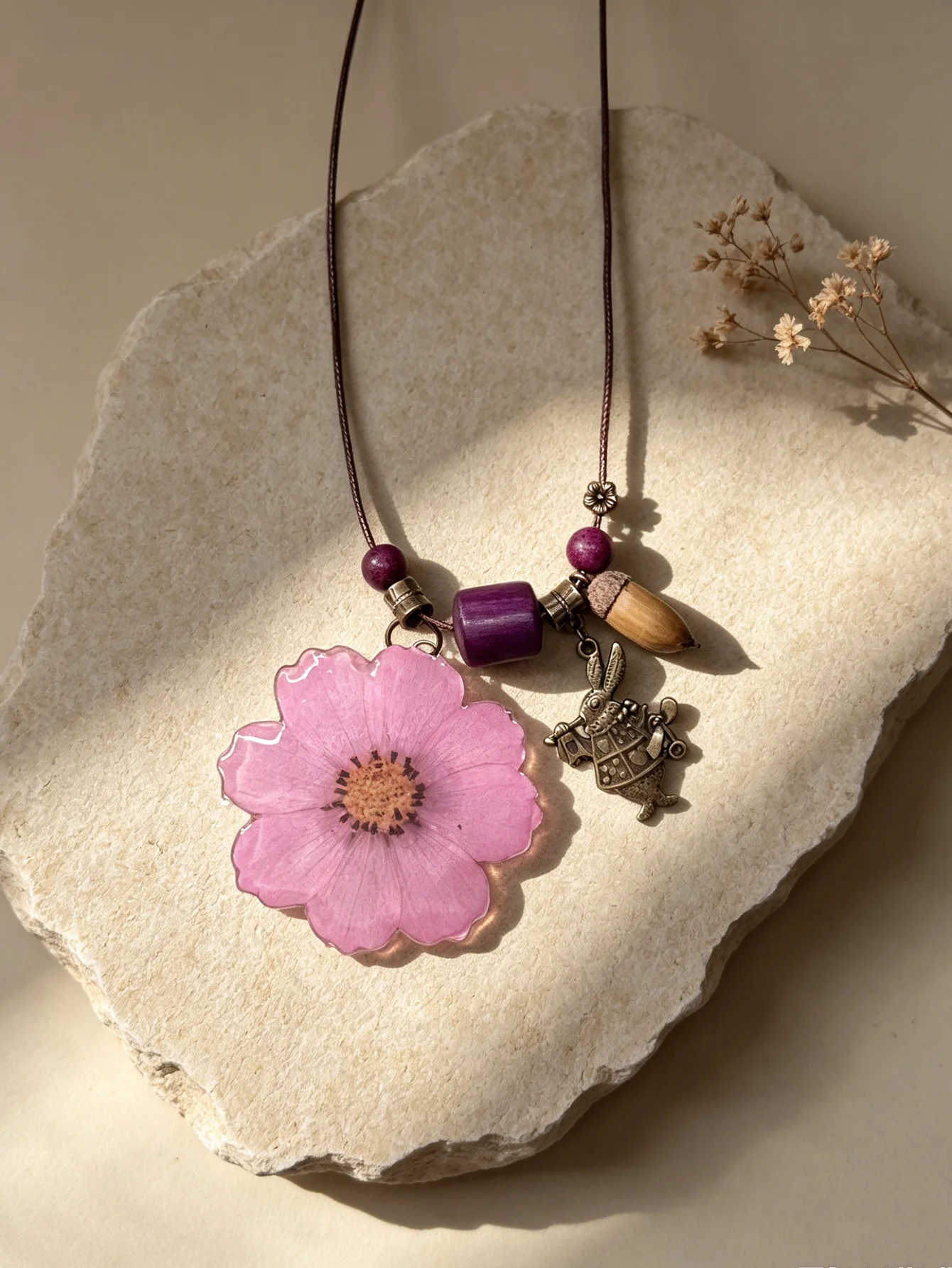 MOJOY 2026 New Resin Casting Process Never Wither Flower Rabbit Hazelnut Pendant Necklace Women Elegant And Sweet Sweater Chain