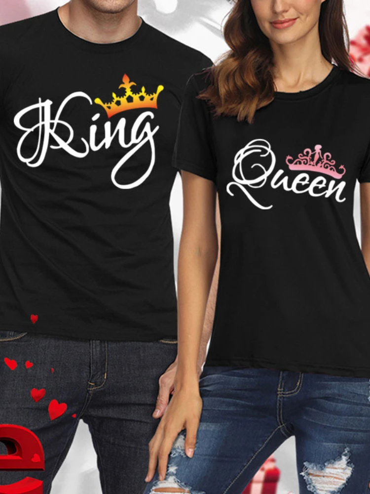 KING QUEEN Crown Print Couple T Shirt Lovers Short Sleeve O Neck Loose Tshirt Fashion Woman Man Tee Shirt Tops Clothes