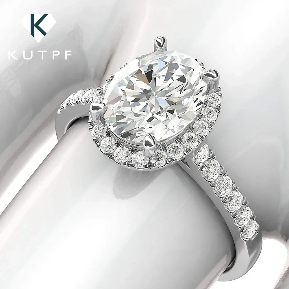 KUTPF Oval Cut Halo Moissante Diamond Engagement Rings with Side Stones Band 925 Sterling Silver Promise Bridal Ring for Women