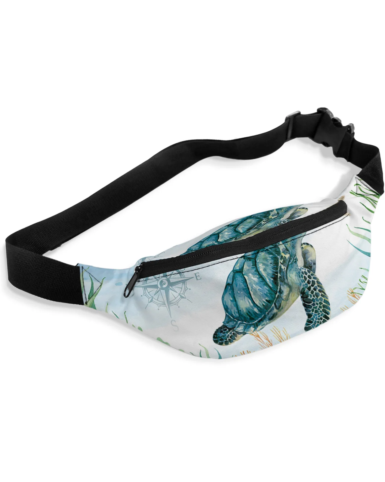 Nautical Theme Sea Turtle Starfish Compass Men Women Waist Bag Fanny Pack Phone Belt Bag Wallet Pouch Waterproof Banana Hip Bags