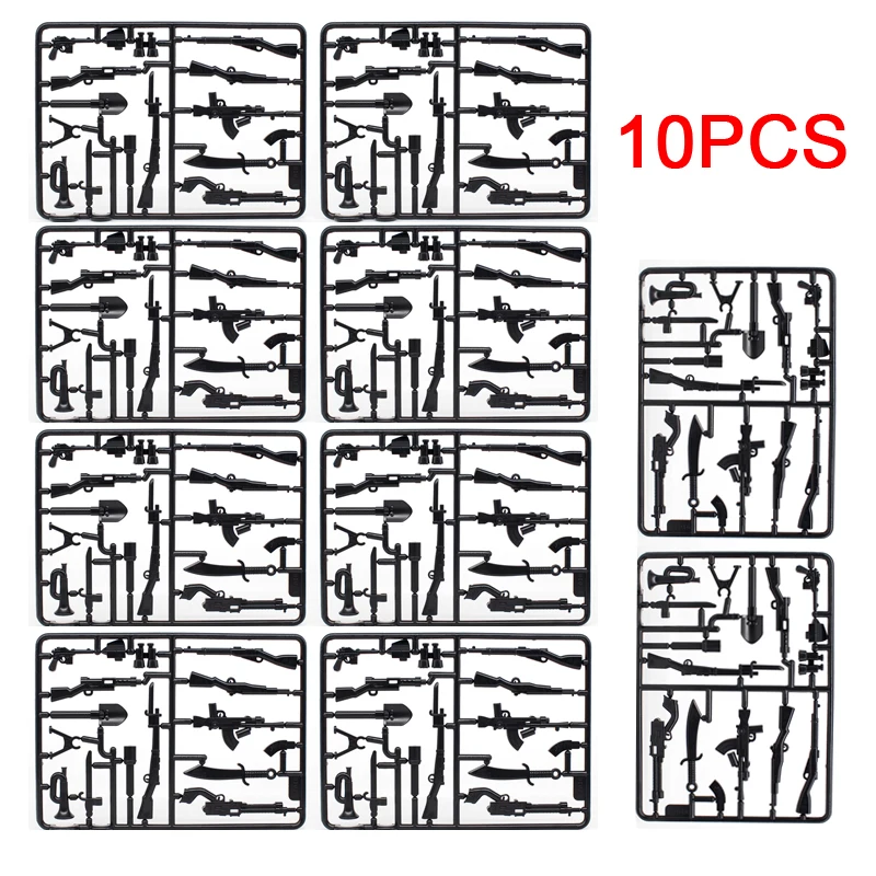 Montagem Militar Blocos de Construção, Estatueta Acessórios, Peças de Arma, Rifles Machine, Armas Partículas, Brinquedo Infantil, 10Pcs por Lote