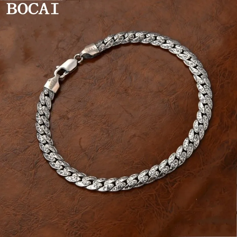 BOCAI NEW  S925 Sterling Silver Bracelets for Men Women Antique Silver Hammer Pattern Flat Snake-chain Fine Choice Jewelry