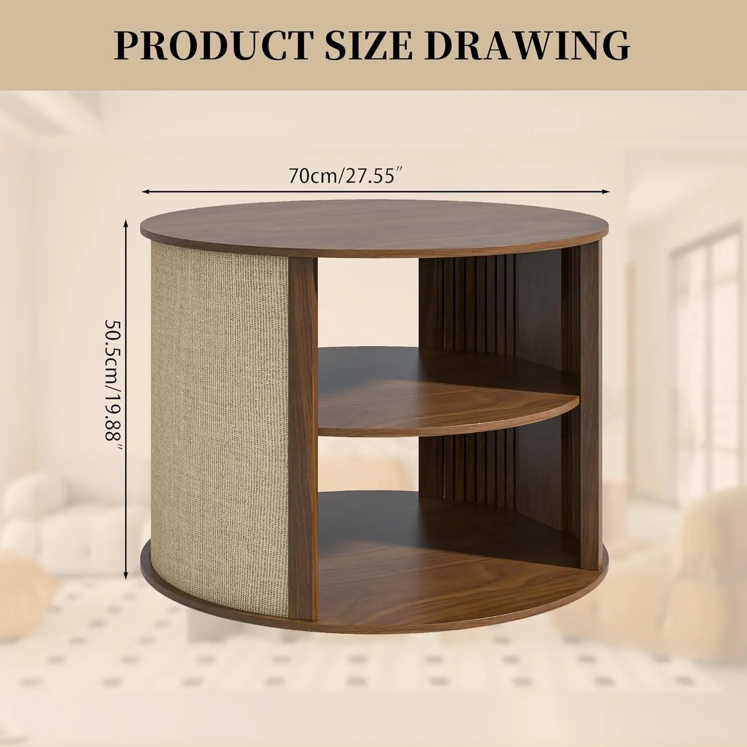 طاولة قهوة مستديرة مع مساحة تخزين، طاولة قهوة خشبية حديثة من طبقتين من بوهو لمنتصف القرن مع رف قابل للتعديل، قماش كيس