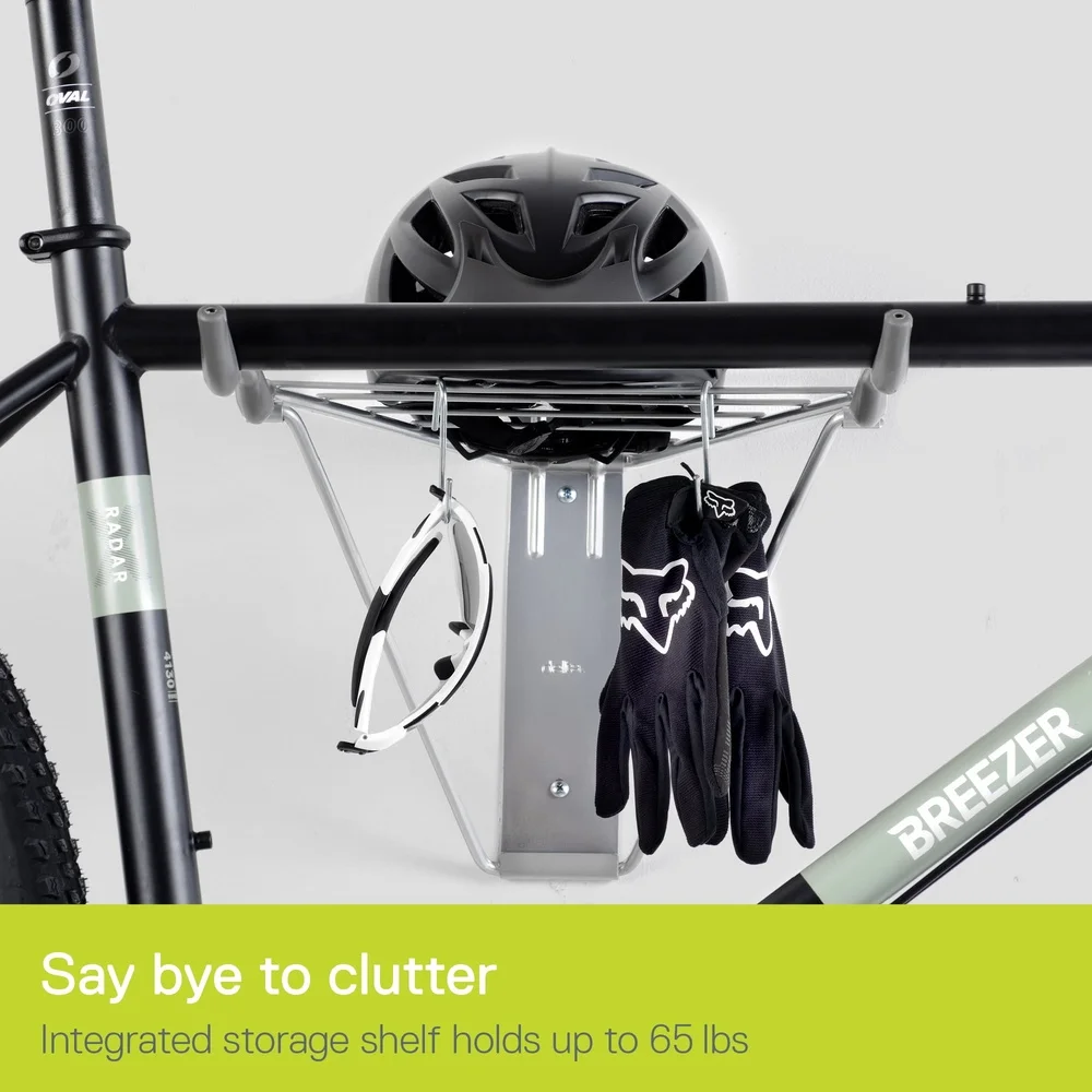 Foldable Bike Rack Garage Wall Mount 2 Bikes Includes Storage Shelf and Accessory Hooks Durable Steel Construction Space Saver