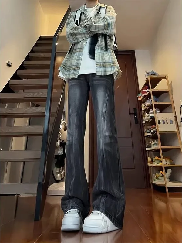 

Bla American High Street Vibe Lightning Pattern Men's Jeans Slanted Cut Flared Pants Slim Straight Blade Long Trousers