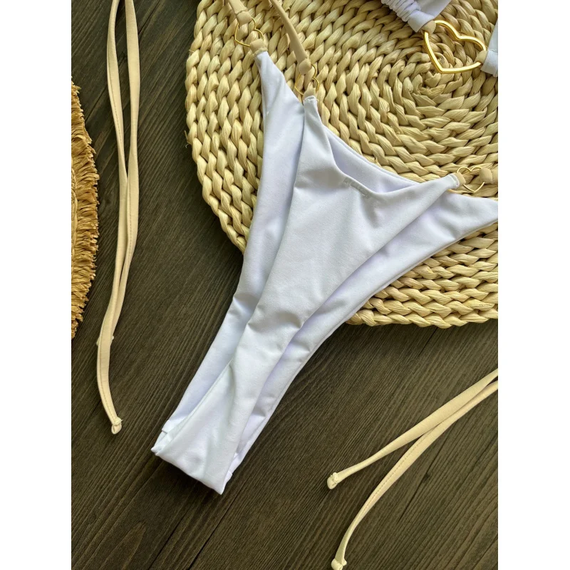 2025Popular Nylon White Love Bikini Suit Low Waist Lace-up Fashionbiquini